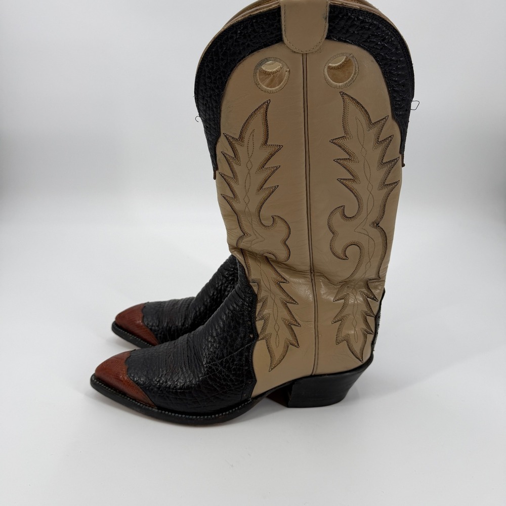 Vintage Hondo Western Cowboy Boots 10D Black Tan Brown Lizard Wingtip Pointed - Picture 2 of 11